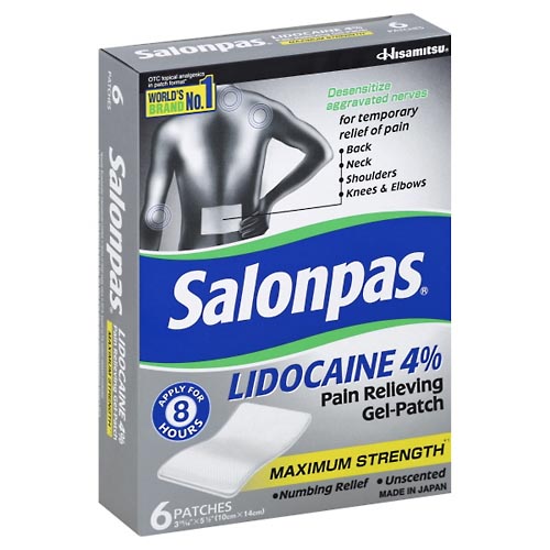 Image for Salonpas Pain Relieving Gel-Patch, Maximum Strength, 4%, Patches,6ea from J.M.C. PHARMACY  FARMACIA LATINA