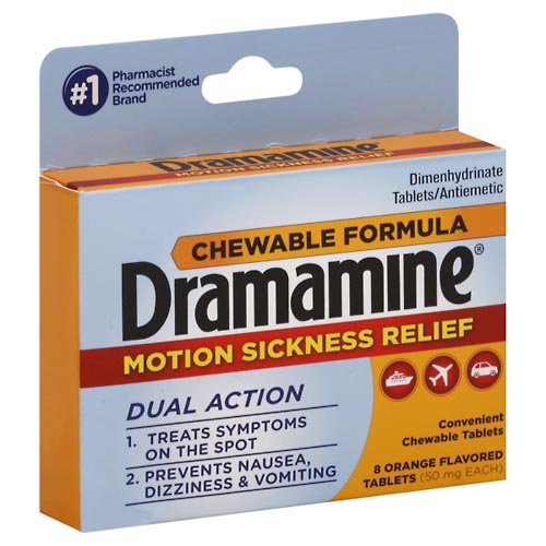Image for Dramamine Motion Sickness Relief, 50 mg, Chewable Tablets, Orange Flavored,8ea from J.M.C. PHARMACY  FARMACIA LATINA